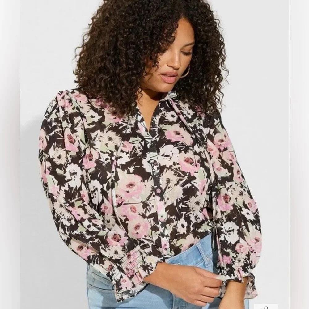 [Torrid] Black Floral Print Crinkle Chiffon Tie Neck Button Down Blouse Size 2X